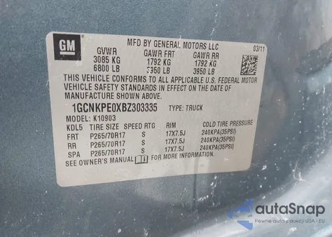 2011 Chevrolet Silverado 1500 Work Truck from USA, damaged, VIN 1GCNKPE0XBZ303335